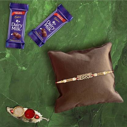Cadbury Bro Design Rakhi with 2 Pieces Dairy Milk Chocolates | Rakhi Chocolate Gift for Brother|Roli, Chawal, Chandan, Misri Combo