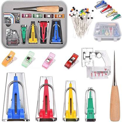 SYGA Bias Tape Maker Set of 4 Sewing DIY Quilting Fabric Bias Binding Needle Tool Kit Tape Makers and Accessories 4 Sizes (6mm 12mm 18mm 25mm) Adjustable Binder Foot Awl Ball Pins Tape Makers- 11pcs Sewing Kit