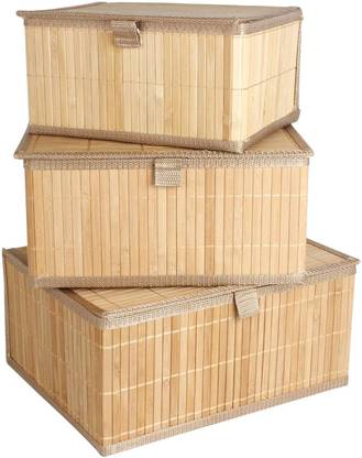 HomeStorie Bamboo Eco-Friendly Bamboo Storage Boxes with Lid, Brown, Set of 3 Storage Basket