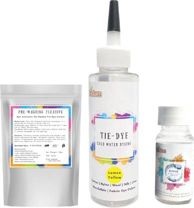 KADAM Tie Dye Lemon Yellow, Cold Water Fabric Dye Color, 100mL Bottle with Prewashing Fixative mini and DyFix mini bottle
