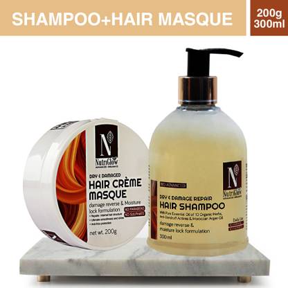 Nutriglow Advanced Organics Bio Advanced Daily Use Dry and Damage Repair Hair Shampoo (300 ml) and Hair Creme Mask (200 gm)/Moisture Lock Formulation/Argan and Essential Oils/No Parabens/No Sulphates