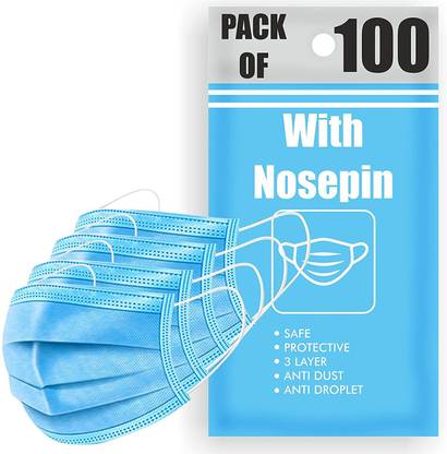 Laxmi synthetics 100 Unit 3 Layer Mask with Nose Pin Disposable Mask With Soft ear loop 100 Unit 3 Layer Mask with Nose Pin Disposable Mask With Soft ear loop Water Resistant Surgical Mask With Melt Blown Fabric Layer