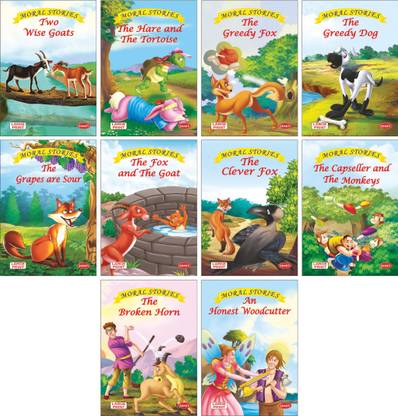 Moral Stories (Set Of 10 Books With Colourful Pictures) - Story Books For Kids - Two Wise Goats, The Hare And The Tortoise, The Greedy Fox, The Greedy Dog, The Grapes Are Sour, The Fox And The Goat, The Clever Fox, The Cap Seller And The Monkey, The Broken Horn, An Honest Woodcutter