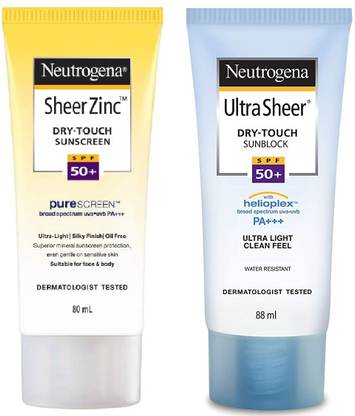 NEUTROGENA Sunscreen - SPF 50 PA+++ Sheer Zinc Dry Touch Pure Screen 80ml + Ultra Sheer Dry Touch 88ml Sunblock Sunscreen Broad Spectrum UVA\UVB Pack of 2