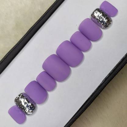 The NailzStation Matte Lavender Silver Glitter Fake Nails / Artificial Nails/ Press on Gel Nails in Square with nail application kit Lavender