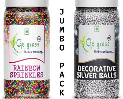 GO GRASS Combo of Decorative Silver sprinkles & Rainbow Sprinkles for Cake Decoration / cupcakes / 450 GRAM + 450 GRAM Sprinkles (TOTAL 900 GRAMS) ( JUMBO PACK ) Sprinkles