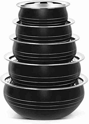 Flipkart SmartBuy Steel Handi Set Stainless Steel Colour Handi/Cookware Set/Serving Bowl/Utensils Set of 5 Piece Black Color (5 Pieces, 350 ML, 550 ML, 750 ML, 1200 ML, 1650 ML) Cookware Set (without lid) Induction Bottom Non-Stick Coated Cookware Set