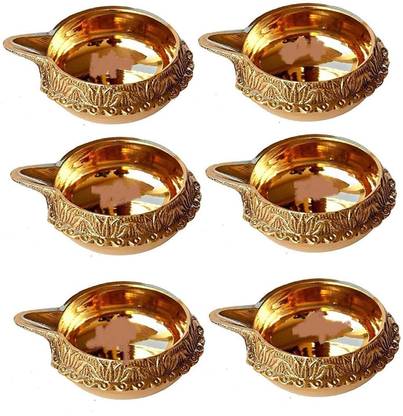Brass Gallery India Handmade Brass Kuber Diya/Pital Jyot Diva/Pooja Deepak/Table Diaa - Unique Design, Home Decorative Oil Lamp for Puja, Set of 6) Brass (Pack of 6) Table Diya Set