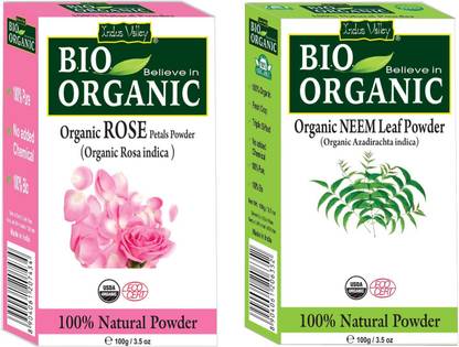 Indus Valley 100% Pure Rose Petals Powder and Neem Powder for Herbal Skin Care Set of 2