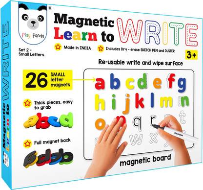 PLAY PANDA Magnetic Learn to Write Small Letters - includes Write and Wipe Magnetic Board, 26 Small Letter Magnets, Dry Erase Sketch Pen and Duster - Simplify teaching and learning