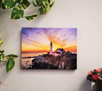 House of Queens Premium Quality Battery Operated Amazing Sky And The Light House LED Wall Painting | Scenery | Wall Art | Wall Decor For Home | Office | Festive Gift | Wirefree with In-Built Switch Canvas 11.75 inch x 15.75 inch Painting