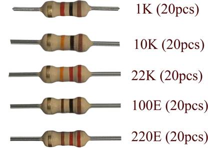 gobagee BRANDED carbon film resistor 1K 10K 22K 100E 220E 1/4 watt Tolerance 5% - Pack of Total 100 pcs (5 Values Mix) Fixed Resistor