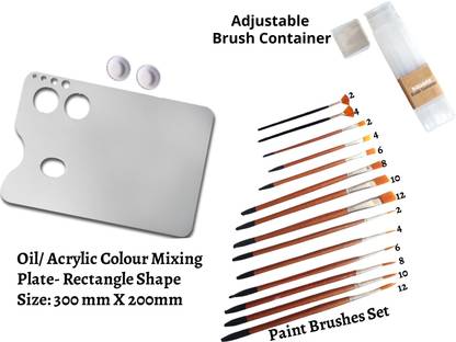 Upyukat Paint brush with palette set: Rectangle shape (with 2 detachable dippers) Painting Palette /Oil Color Palette/Color Mixing Plate with Artist paint brushes- Fan + Round + Flat brushes set and 1 Set of Plastic Square Painting Brush Box (Adjustable)/ Painting Brush Holder/ Container for storing paint brushes