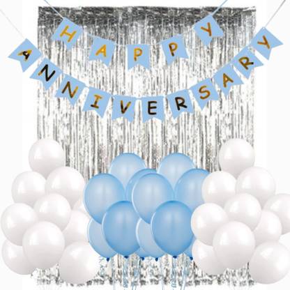 Wonder Happy Anniversary decoration kit Blue Banner, Silver fringe, Light Blue, White Balloons Set of 52 Pcs