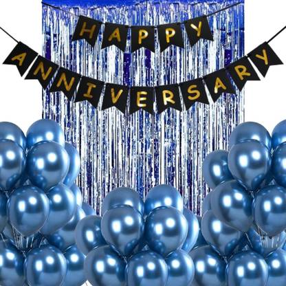 Wonder Decoration Combo Happy Anniversary Black Banner, Blue Fringe, Metallic Blue Balloons Set of 22 Pcs