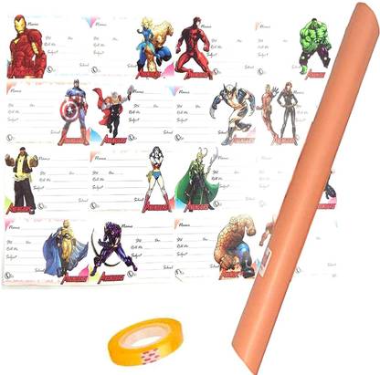 ABC Season Store Book Cover & Labels Combo | Set of 2 Book Cover Roll, Name Label (32 PIS) & Free 1 Cello Tape | Plastic Laminated Brown 8 Meters Roll | Name Stickers Labels | for School Note Book Cover (Avengers) Book Cover