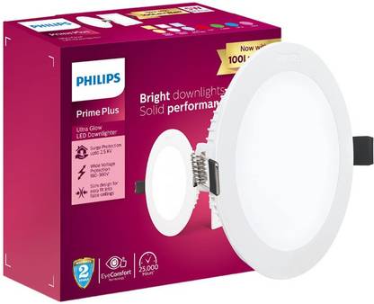 PHILIPS 5-Watts Round Prime Plus Ultra Glow 500-Lumen LED Ceiling Downlighter White Pack of 1 Recessed Ceiling Light Ceiling Lamp