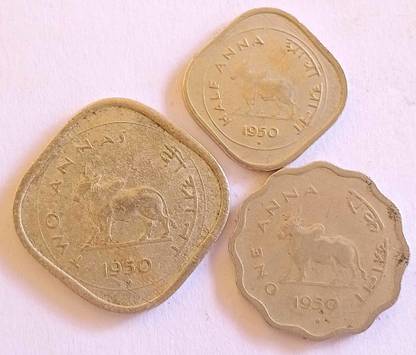 MANMAI COINS 3 COINS SET - BULL - 1/2,1 & 2 ANNAS - 1950 - india Medieval Coin Collection
