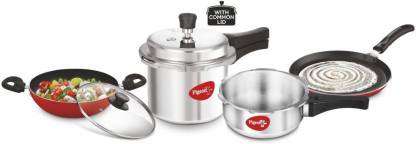 Pigeon by StoveKraft Limited 2 and 3 litre Pressure Cooker Outer Lid, 1 Flat Tawa 250 mm and 1 Kadai 240mm with Glass Lid Non-Stick Coated Cookware Set