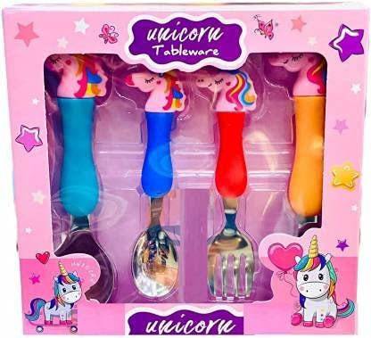 Paaroots Pack of 4 Stainless Steel Unicorn Tableware Set Cutlery Unicorn Spoon and Fork Set for Babies Set of 4 Includes 2  - plastic