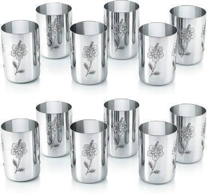 mannu (Pack of 12) (Pack of 12) DIMOND GLASS Glass Set (400 ml, Steel) ( STAINLESS STEEL ) Glass Set Water/Juice Glass
