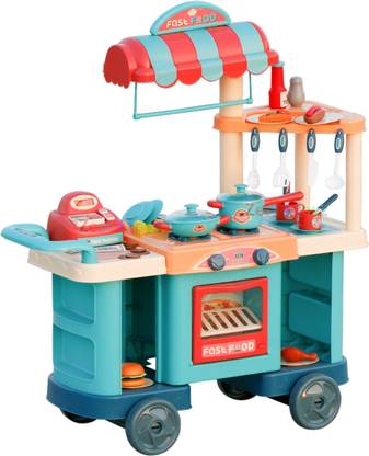 zest 4 toyz Pretend Play Rolling Food Cart Cooking Play Toy Set Push & Pull Cart Diner Cafe Kitchen Toy Playset with Easy Storage Food Cart Toys for Girls