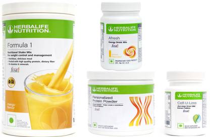 HERBALIFE FABULOUS WEIGHT LOSS AND IMMUNITY COMBO OF FORMULA-1 MANGO + PERSONALIZED PROTEIN POWDER 200GM + AFRESH LEMON + CELL-U-LOSE SET OF 4 Combo