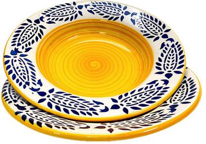 royal enterprise PREMIUM CERAMIC PASTA PLATE | DEEP DISH PLATE | ROUND PLATE | SERVING PLATE | RICE PLATE | PREMIUM DESIGN | DINNER PLATE | 9 inch | set of 2 | yellow design | Dinner Plate