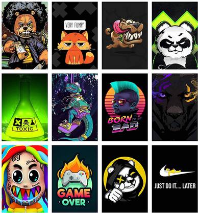 Set of 12 Boys Room Wall Poster Glossy Cool Posters(Size_12x18 inch,Multicolor,Thick 250 GSM) Paper Print