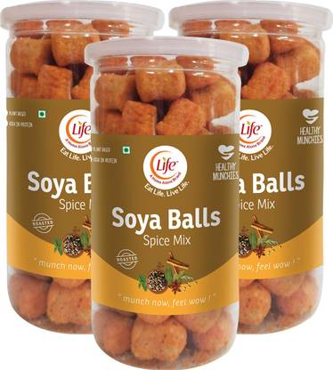 Life Soya Balls Puff Snack - Spice Mix Flavour - Combo Pack of 3 (100g each) - High Protein Healthy Snack