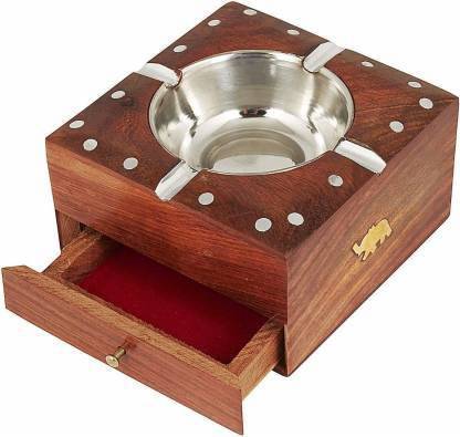 WOODINCLINE Sheesham Wood Handicraft Cigarette Ash Tray For Home & Car With draw Brown Wood, Brass Ashtray