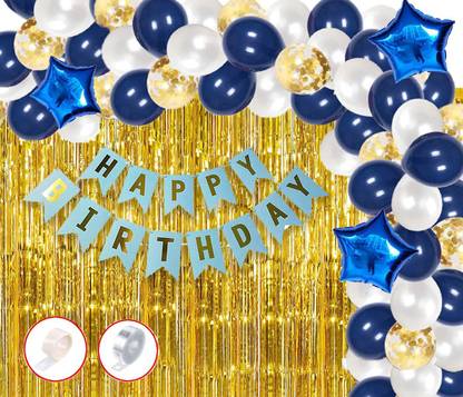 GROUNDOXY BCP7 BEST BIRTHDAY DECORATIONS COMBO 77PCS HAPPY BIRTHDAY BALLOON BANNER (13LETTER) WITH HAND PUMP THAT EVERYONE CAN USE ALSO GOLDEN FOIL CURTAIN 60PCS OF METALLIC BALLOON 20PCS OF GOLDEN BALLOON AND 20PCS OF SILVER BALLOON AND 20PCS OF BLUE BALLOON 1PCS OF ITS A BOY BALLOON FOR BEST BIRTHDAY PARTY THIS COMBO IS BEST