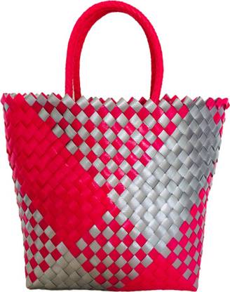 First Lady First Lady Reusable Multipurpose Basket| Shopping Bag | Grocery Basket | Hand Bag | Storage Basket |Hand Woven Bag | Lunch Bag | Wire Basket | Beach Basket | Durable | Wire Koodai (Pink W/o Silver)