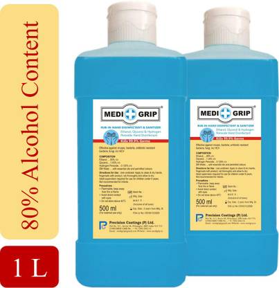 Medigrip  - 80% Alcohol Based (500 ml Bottles) Hand Rub - Pack of 2 Hand Sanitizer Bottle