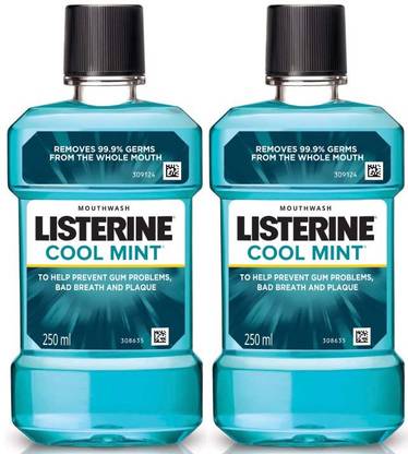 LISTERINE Cool Mint Mouth Freshener to help Prevent Gum Problems Bad Breath And Plaque Each 250ml Pack of 2 - Cool Mint