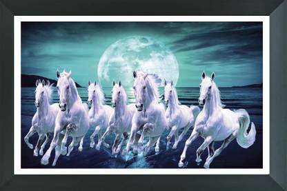 FRIZZY ARTS Seven running horse lucky painting | seven white horse | seven horse vastu painting | seven horse photo frame | Digital Reprint 14 inch x 20 inch Painting