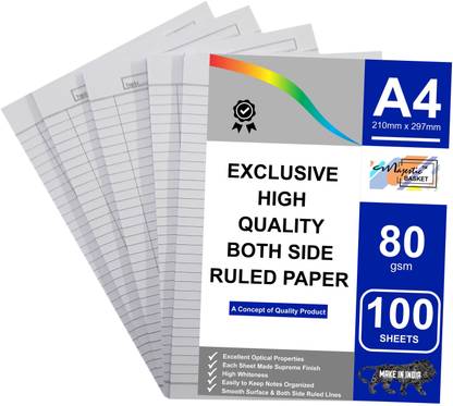 MAJESTIC BASKET Exclusive High Quality Both Side Ruled White Project/ Assignment/ Practical / Homework Sheets [100 Sheets Pack] Both Side Ruled A4 80 gsm A4 paper