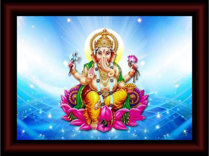 Lord Ganesh Seating & Blue Background Premium UV Textured Home Decorative Gift Item Fine Art Print