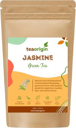 Tea Origin Jasmine Green Tea | 100% Natural Ingredients- Green Tea Leaves & Jasmine Flower Petals | Rich in Antioxidants, Promotes Immunity & Healthy Skin, Relieves Stress | 100gm | Serves 50+ Cups Jasmine Green Tea Pouch