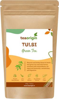 Tea Origin Tulsi Green Tea | 100% Natural Ingredients | Green Tea Leaves & Tulsi Leaves | Rejuvenates, Promotes Concentration & Focus, Improves metabolism | Pack of 2 (100g each) Tulsi Green Tea Pouch