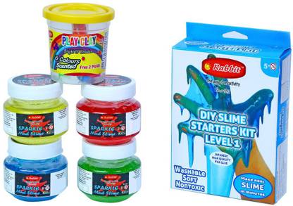 Rabbit Sparkle Mud Slime Pack of 4+DIY Starters Slime Kit Level 1+Play Clay 6 Bucket|Play Slime for Kids|Play Slime Set for Kids|Slime Making Kit|Play Clay for Kids|Play Clay Slime|Slime Kit for Kids|3+ Art Clay