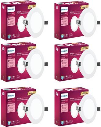 PHILIPS 12-Watts Round Prime Plus Ultra Glow 500-Lumen LED Ceiling Downlighter White Pack of 6 Recessed Ceiling Light Ceiling Lamp