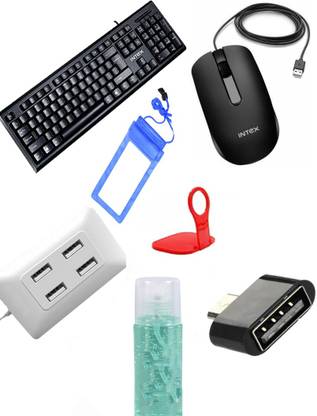 Intex Wired USB Optical Mouse Wired Optical Mouse (USB 2.0, Black) Cleaning Fluid Gel with 100ml Cleaner Cloth to Clean Mobile Screen, Glasses, Tab, Spec or Laptop Screen High speed 4 Ports 2.0 USB Hub (Black MICRO ADOPTER WALL CHARGER STAND MOBILE RAIN BAG Combo Set