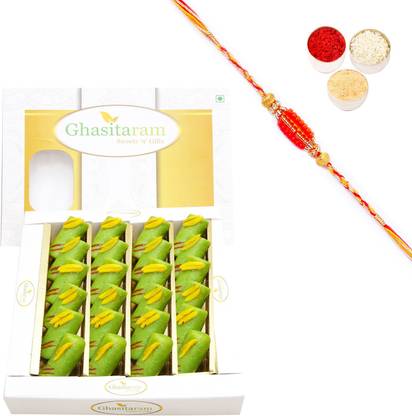 Ghasitaram Gifts Rakhi Gifts Sweets-KAJU PISTA ROLL (400 Gms) with Beads Rakhi Combo