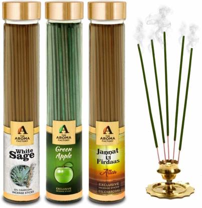 The Aroma Factory White Sage, Green Apple & Attar Jannat Ul Firdaus Incense Stick Agarbatti (Zero Charcoal & 100% Herbal) Bottle Pack of 3 x 100 White Sage