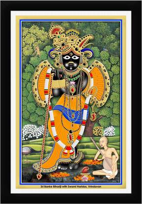 Braj Art Gallery Banke Bihari with Swami Haridas Vrindavan Photo Frame Digital Reprint 19.5 inch x 13.5 inch Painting