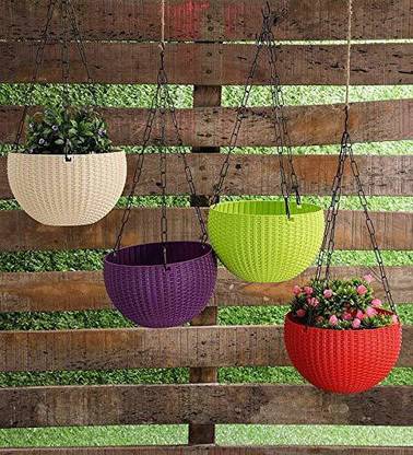 VIMIBELLS (Pack of 4) Hanging Pots For Plants Balcony Hanging Planters With Metal Chain For Home Garden (7.1 x 4.8 Inch) (Flowers Not Included) Multicolored Plant Container Set