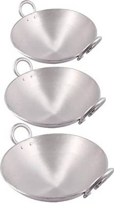 KITCHEN SHOPEE Aluminium Kadhai 3 Pes combo Cooking with Handle Kadai Kitchen deep Frying pan Kadhai 25 cm, 31 cm, 33 cm diameter 2.5 L, 4.5 L, 5.5 L capacity