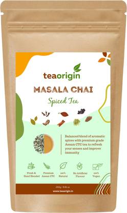 Tea Origin Masala Chai | 100% Natural Ingredients | CTC Tea, Cardamom, Cinnamon, Black Pepper, Ginger, Cloves, Fennel, Carom Seeds | Rich in Antioxidants, Promotes Immunity | 250gm | Serves 100+ Cups Spices Masala Tea Pouch