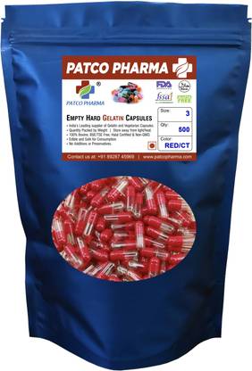 PATCO PHARMA RAW MATERIALS & EQIPMENTS Size 3 Red/CT Empty Gelatin Pill Capsule - Gluten Free, DIY Powder Filling